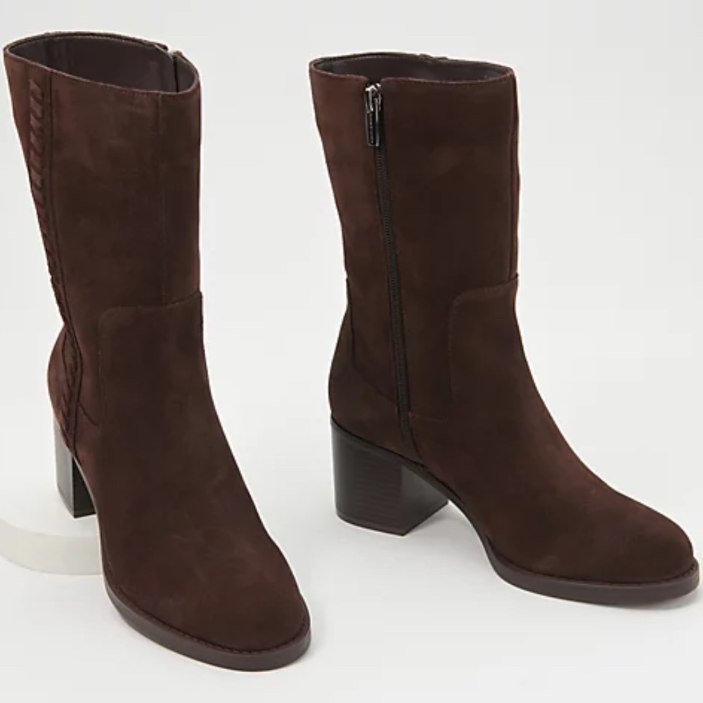 Vince Camuto Women's Heeled Mid Calf Boots Suede Brown Zelcinna Brown NEW
